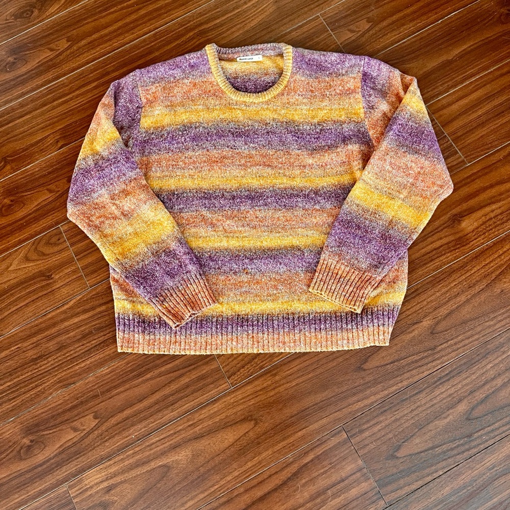 Marine Layer women’s Sweater in Purple and Orange Stripes. Lightweight.